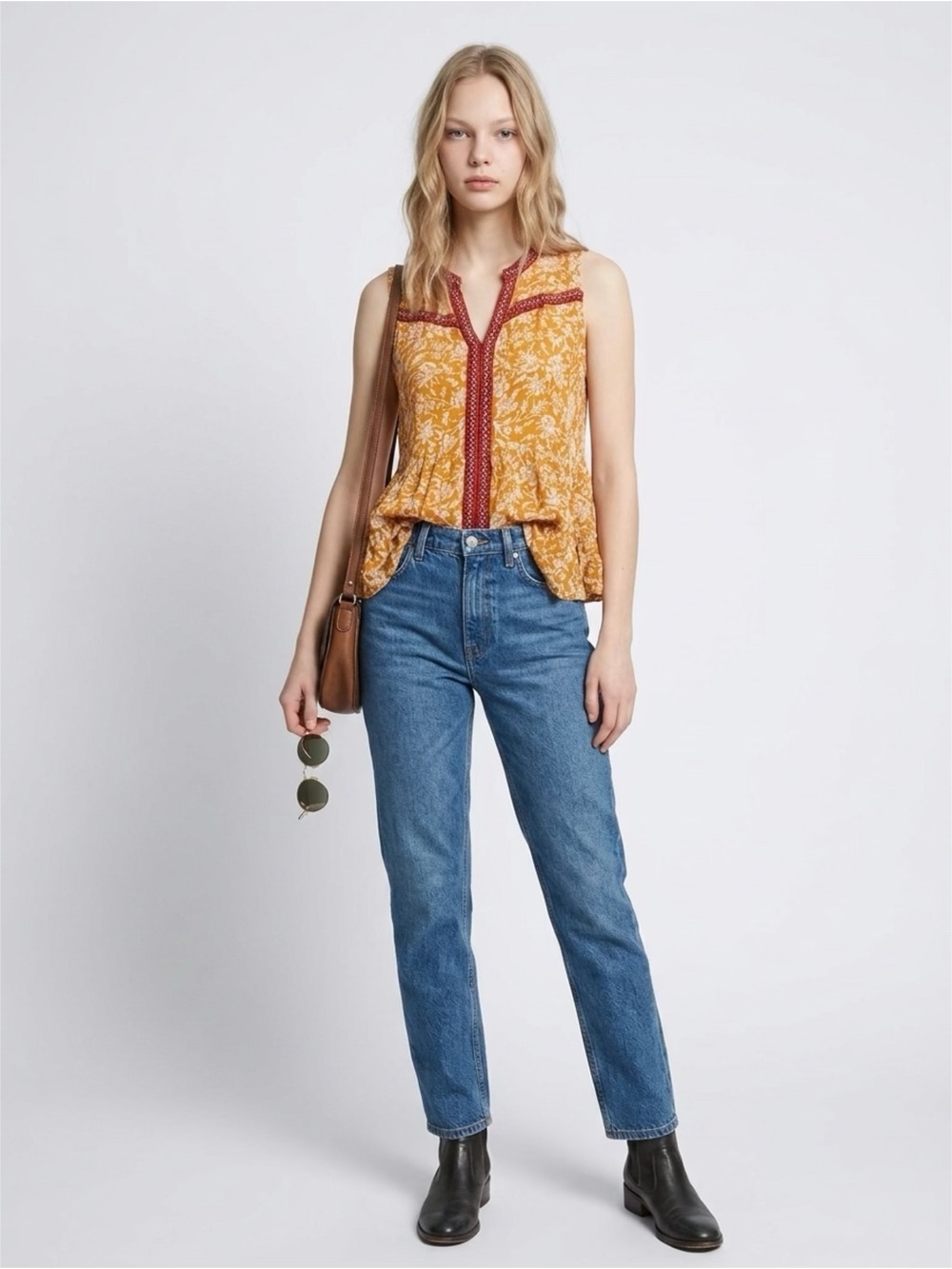 Democracy Mustard Floral Tank with Red Trimmed V-Neck